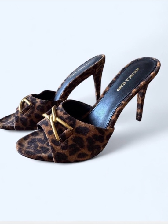 Veronica Beard Shoes - Veronica Beard Leopard-Print Suede Mule Heels with Gold Buckle
